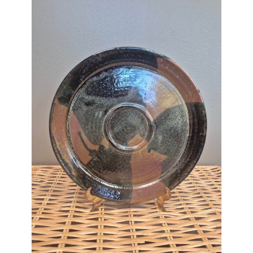 Signed Studio Pottery 11" Charger Serving Platter Abstract Glaze MCM Art Pottery